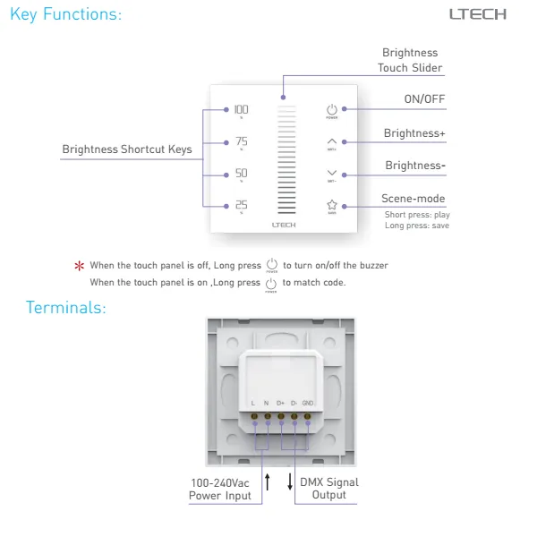 RF 2.4GHz, DMX512 Dimming Capacitive Touch Panel, 100-240Vac input, sync/Zone control function,IP44. EX1S  LTECH Touch Panel